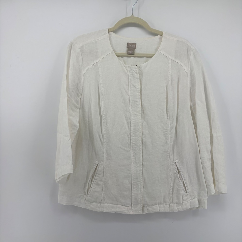 Chico's Womens 12/14 White Jacket 100% Linen Zip Front Collarless Pockets